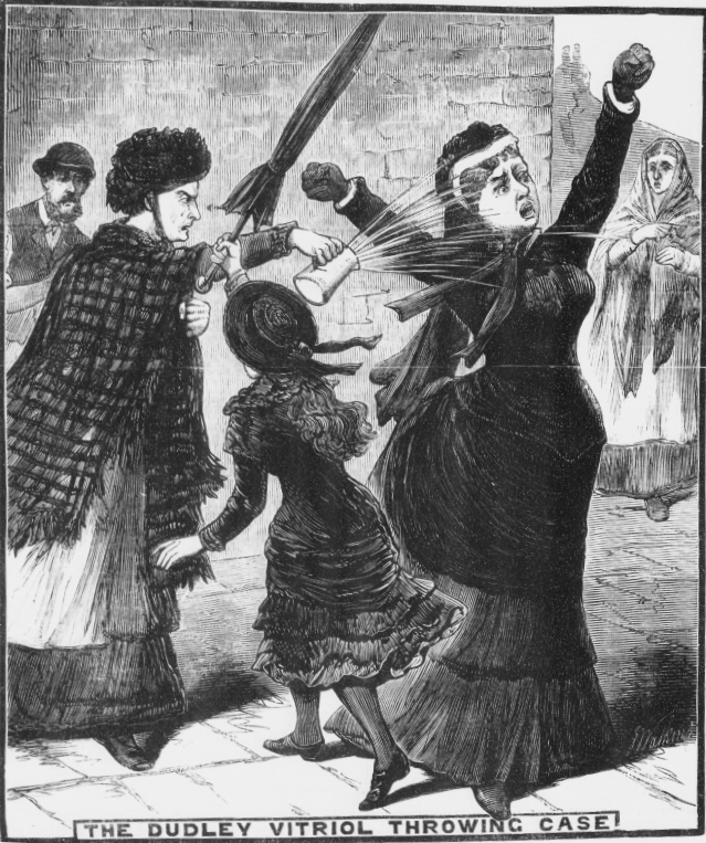 Black-and-white illustration, reconstructing the incident. A working man and shawled woman look on as, in the forwground, a woman in a black bonnet and checked shawl throws liquid out of a jug and over a wealthier-looking woman. A girl steps in between brandishing an umbrella at the attacker.